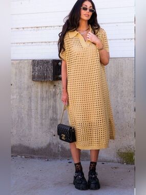 Dressed in LaLa Soul Stuff Open Stitch Knit Short Sleeve beige Sweater Dress